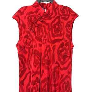 Simply Silk Romantic Red Rose Mandarin Collar Cheongsam Dress Maxi Y2K